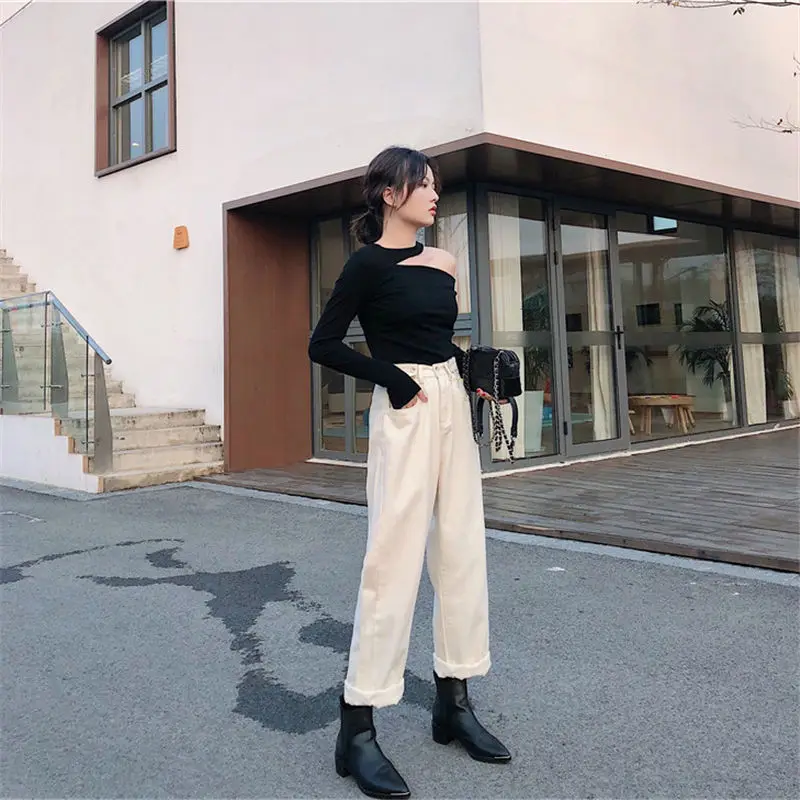

High Waist Slim Denim Pants Women Fashion Autumn Winter Loose Beige Vintage Sweet Wild New Woman Office Lady
