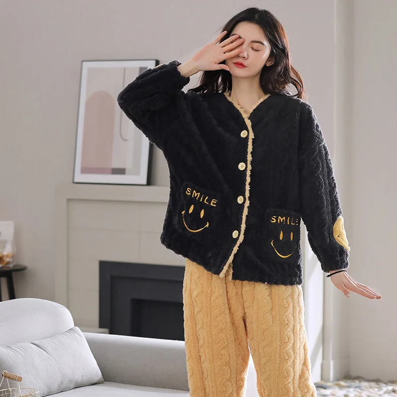 Зимняя плотная теплая Женская Коралловая пижама с длинным рукавом и отложным