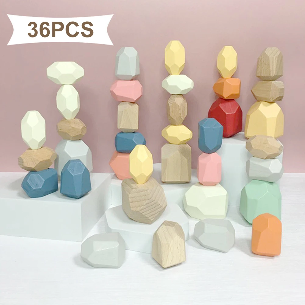 

36pcs Boys Girls Colorful Kids Toy Sorting Educational Wooden Rock Balancing Stone Preschool Stacking Building Block Lightweight