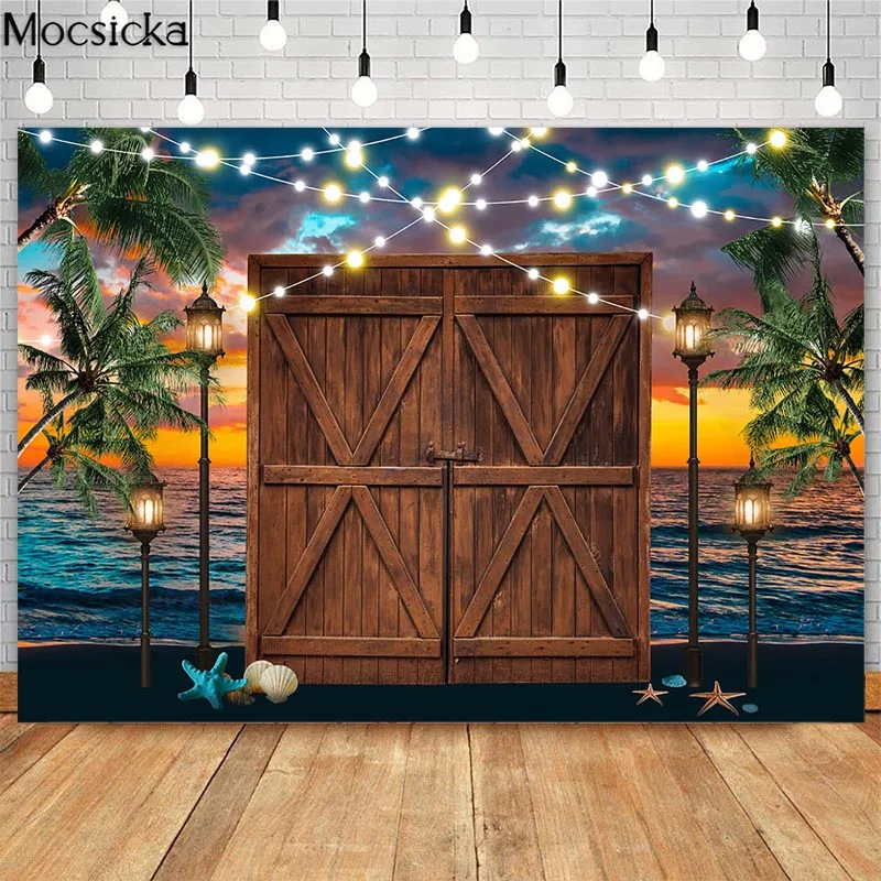 

Фон для фотосъемки с изображением летнего морского пляжа, торта, деревянной двери, морское побережье, закат