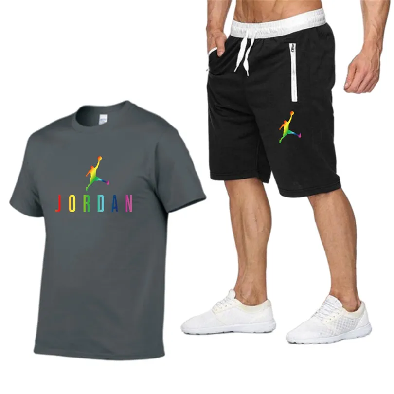 

Summer Men T-shirt Set 2-piece Men's Sportswear Pants Suit Basketball Sports Fitness Jordan-23 Brand Men shorts + Men's Suit