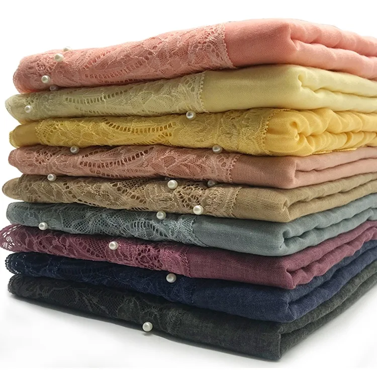 

Новый Однотонный женский шарф из хлопка и конопли с двумя концами кружева и головной платок с жемчугом для шали