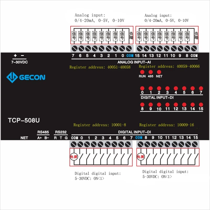 16AI analog acquisition 16DI switch input Ethernet IO module RS485 232 PLC extension support MODBUS-RTU MODBUS-TCP protocol |