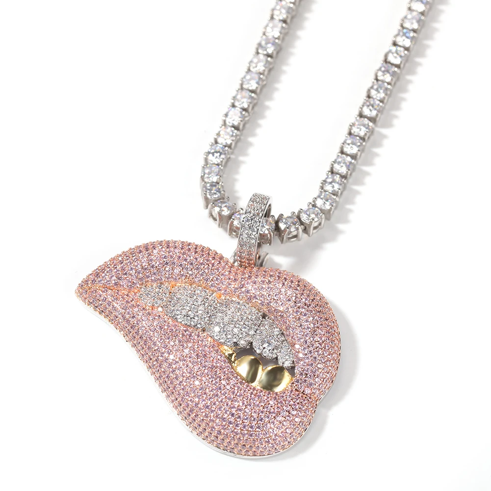 

Uwin Pink Tongue Charm Lips Pendant Golden Tooth Cubic With Tennis Chain Men Women Hip Hop Jewelry Gift