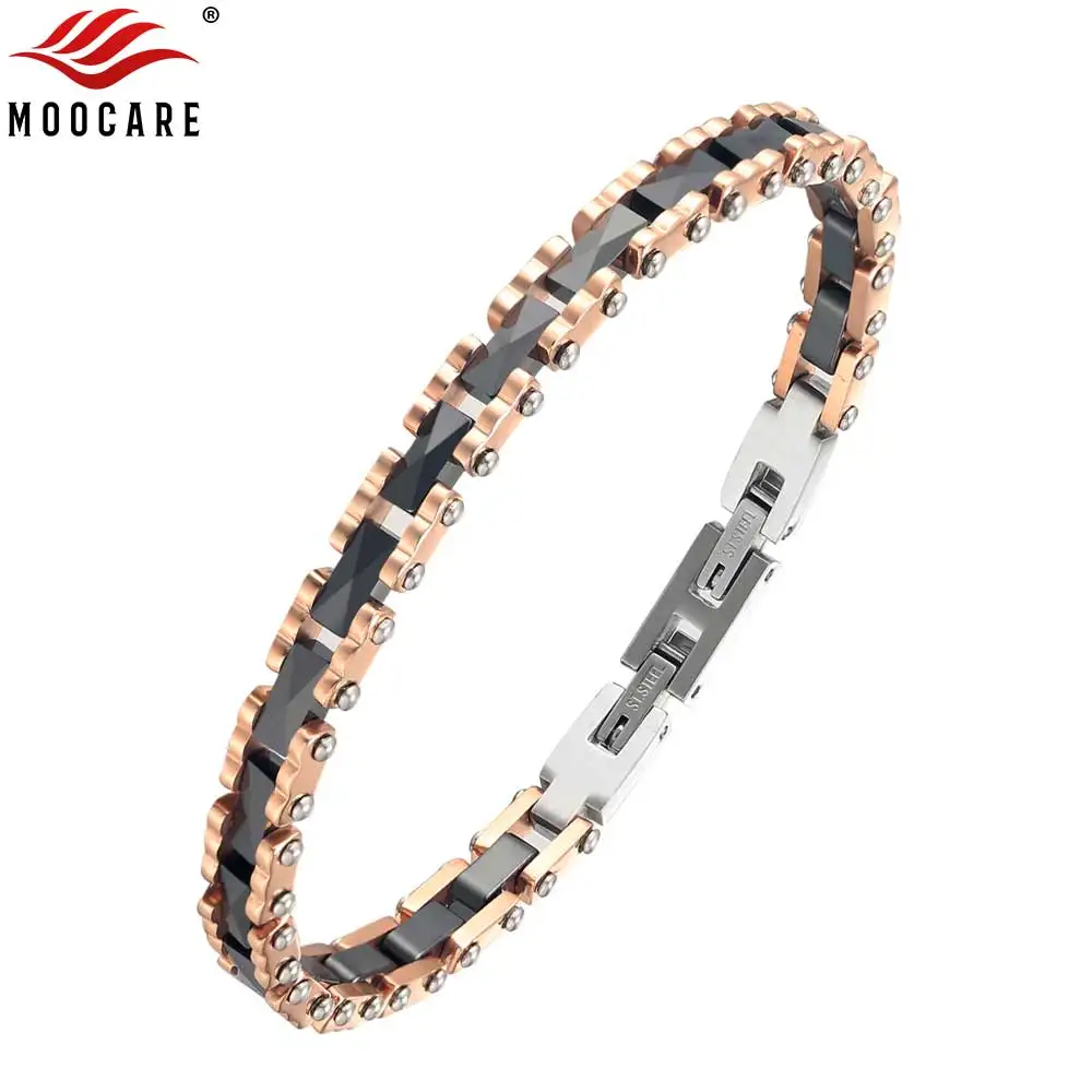 Moocare rose gold stainless steel wrist chain black women men charm bracelet ceramic jewelry accessories for ladies