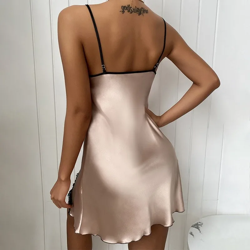 

New Fashion Summer Ladies Sexy Lace Stitching Nightdress Women Imitation Silk V-neck SleepDress Nightwear