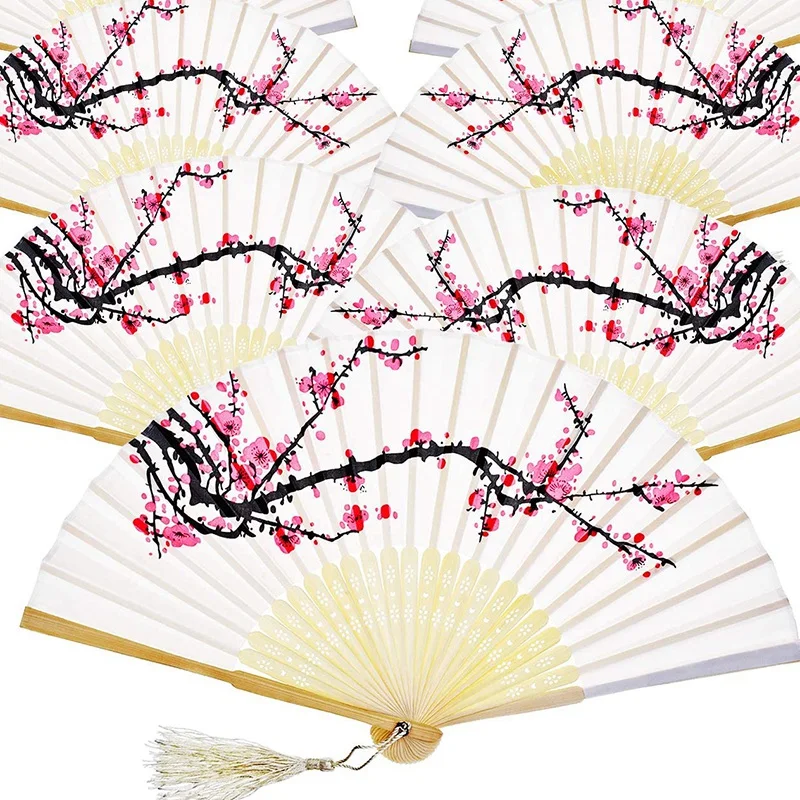 

12 Pieces of Hand-Made Fan Bamboo Folding Fan Printing Fan Dance Fan Wedding Party Decoration (Plum)