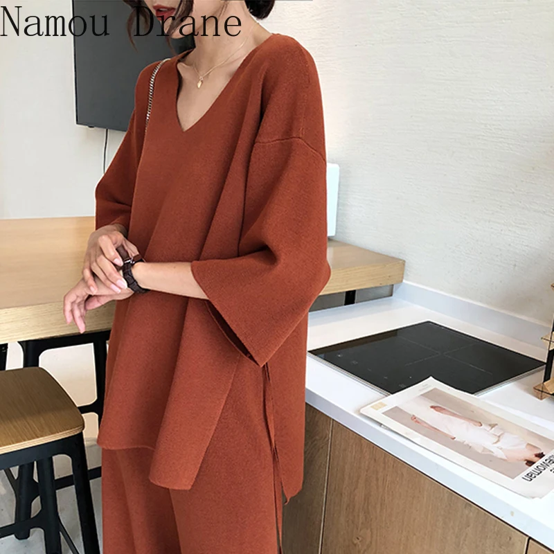 

2020 Aseven knitted suits female easing of autumn new fund split wide-legged pants twinset sweater big yards two piece sets