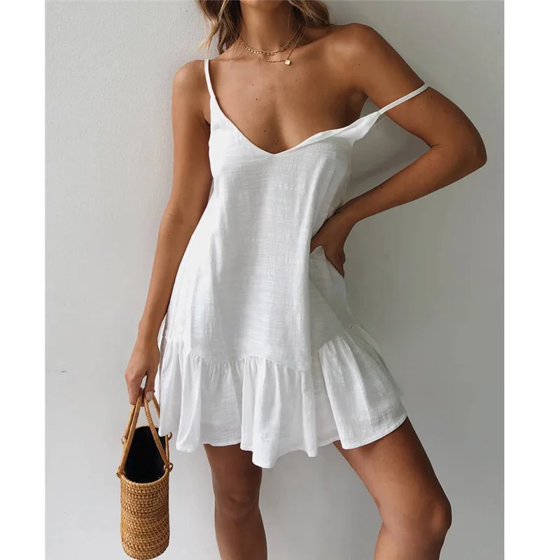 

Sexy Mini Dress summer V-neck Italian thin shoulder belt loose party casual beach holiday white elegant sleeveless women's dress