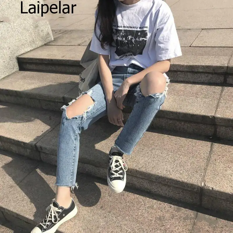 Jeans Denim Women Holes Zipper Pockets Straight Retro Casual Womens Slim High Waist All-match Vintage Chic Korean Style Daily | Женская