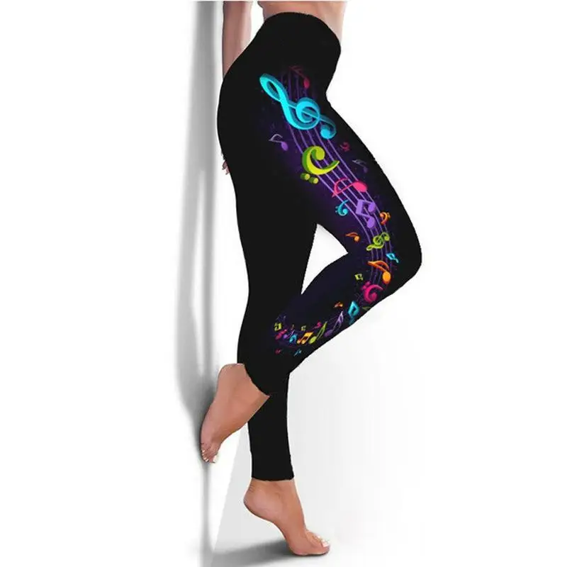 New Women's Long Pants Autumn Floral Print Musical Note Star Feather Tight Trousers Trend Fashion Girl Pants Lady Plus Size 5xl