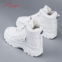winter womens vulcanized shoes plus velvet thick heels casual sneakers high top ladies daddy shoes 2021 platform female boots