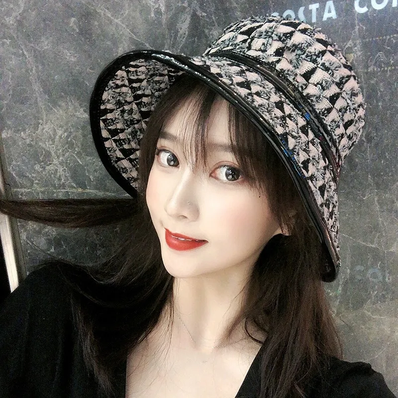 

Шляпа Женская твидовая в клетку, брендовая модная Панама в рыбацком стиле, чёрная, в клетку, из кожи