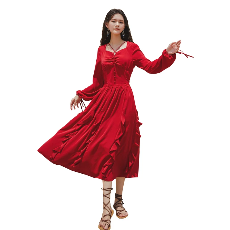 

2021 Newest Summer High Quality Fashion Women Dresses French Royal Princess Retro Chiffon Dresses with slim flounces Red Skirts