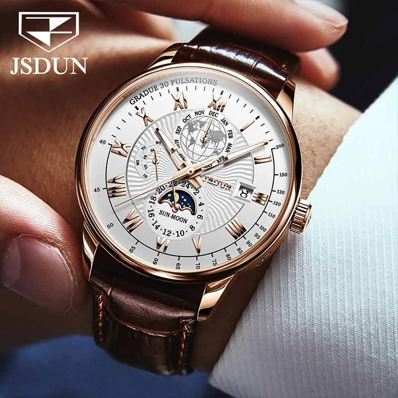 

JSDUN New Fashion Mens Multifunction Mechanical Watches Top Brand Luxury Leather Moon Phase Automatic Watch Waterproof 8909
