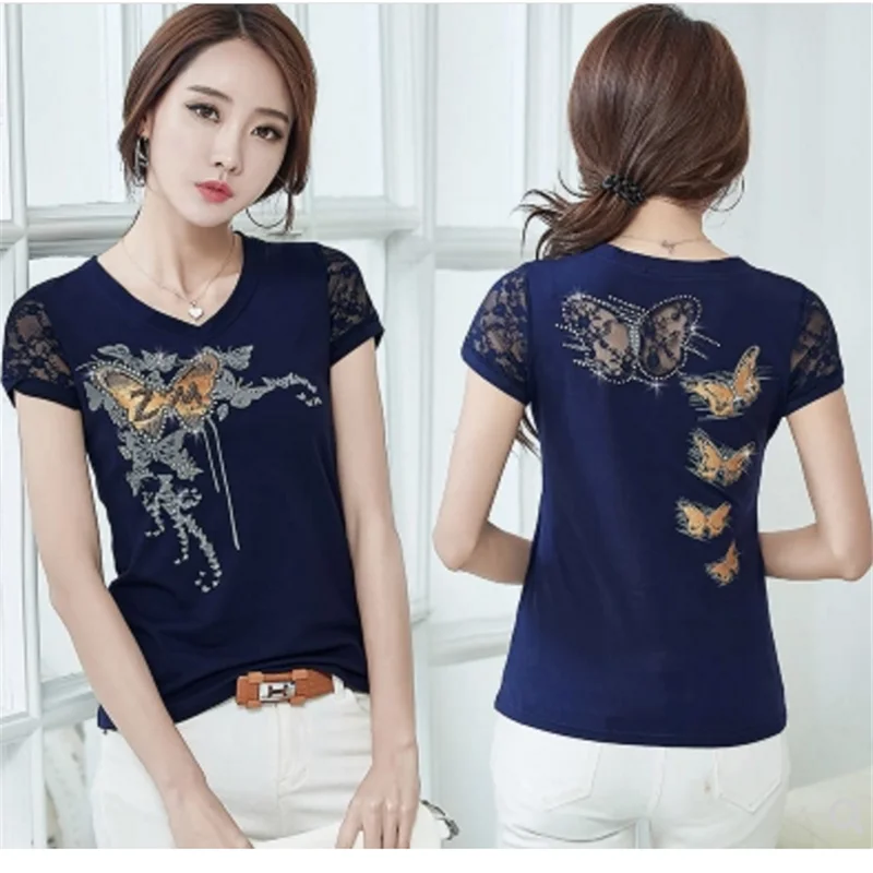 Женская футболка со стразами и бабочкой летняя с кружевом стразы женская женские