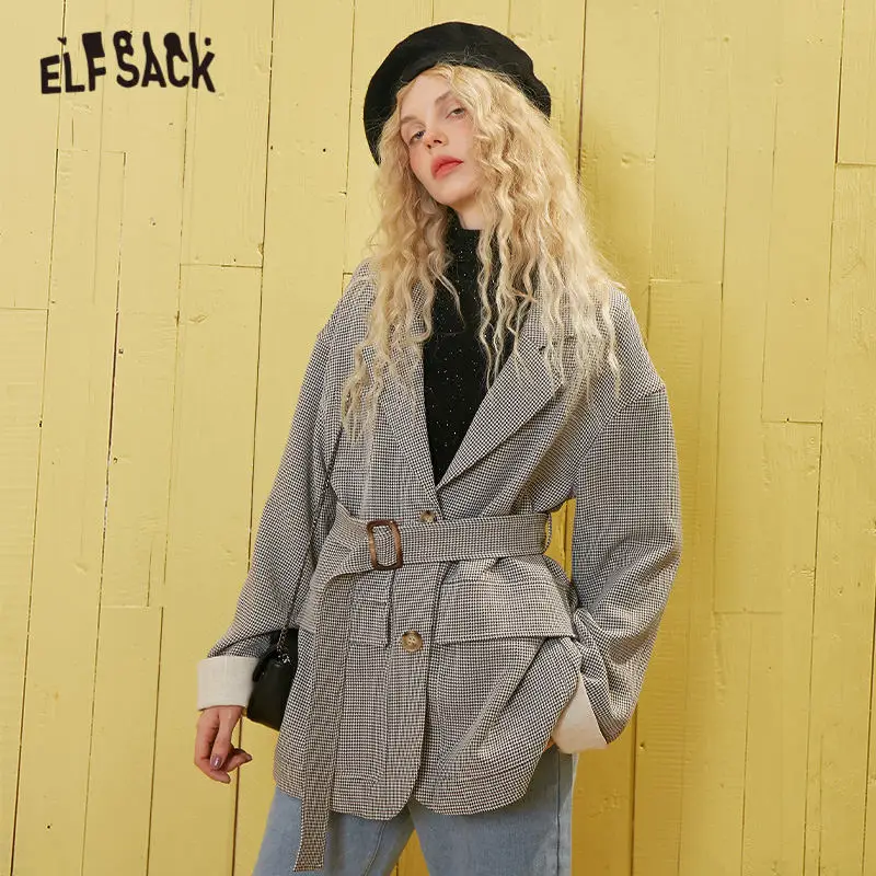 Женская однобортная куртка ELFSACK бежевая однотонная с поясом в Корейском стиле