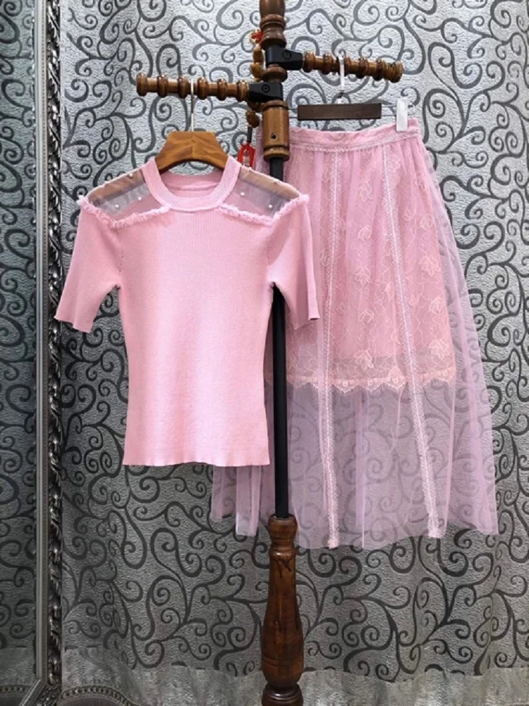 

Summer New 2021 Hot Sale Skirt Suits & Sets Women Beading Deco Pink Tops+Sexy Tulle Mesh Patchwork Long Skirt Set Two Piece