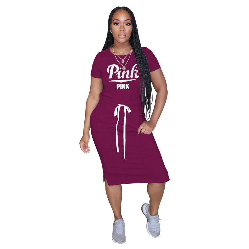 

Plus Size Summer Bandage T Shirt Dress For Women Mouth Lip Letter Print Round Neck Dress Casual High Waist Club Party Vestidos