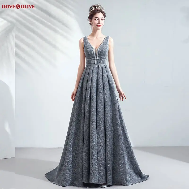 

100% Real Pictures Gray Evening Dresses 2020 Sequin Long Beads V Neck A Line Sleeveless Woman Prom Gown Party Elegant Stock