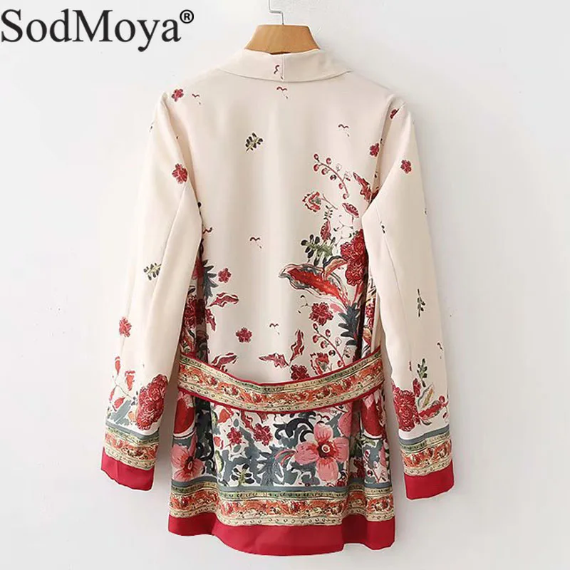 Women Vintage Floral Print Blazer Bow Tie Sashes Long Sleeve Coat Female Rretro Chic Office Wear Outerwear Feminine Tops Jacket|Женские