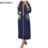 bushra women dress long printed long sleeves hooded zipper casual robe femme vestiods daily muslim maxi dress 2022 new