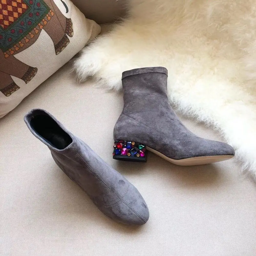 Luxury Brand Colorful Rhinestone Women Ankle Boots Suede Leather Round Toe Flats Winter Warm Shoes Party Dress Short Woman | Обувь