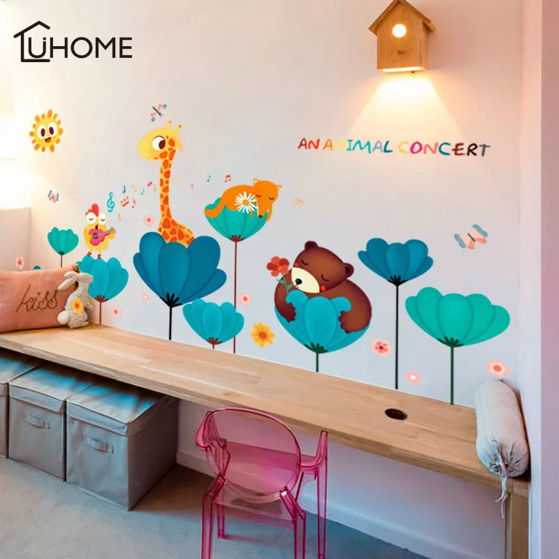 Милые декоративные настенные Стикеры с животными и цветами для детской комнаты