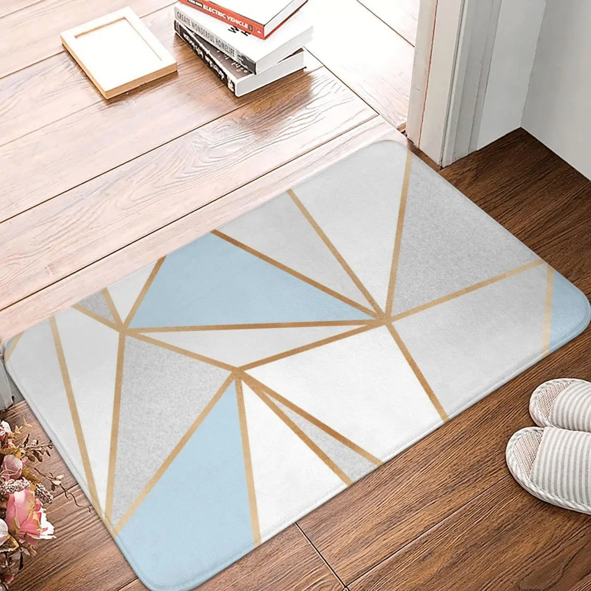 

Blue Grey Gold Geo Doormat Carpet Mat Rug Polyester Non-Slip Floor Decor Bath Bathroom Kitchen Bedroom 40*60