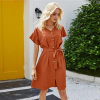 summer dress vestidos de mujer casual women vintage v neck button ruffle sleeve belted fashion urbano solid color dress robe ete