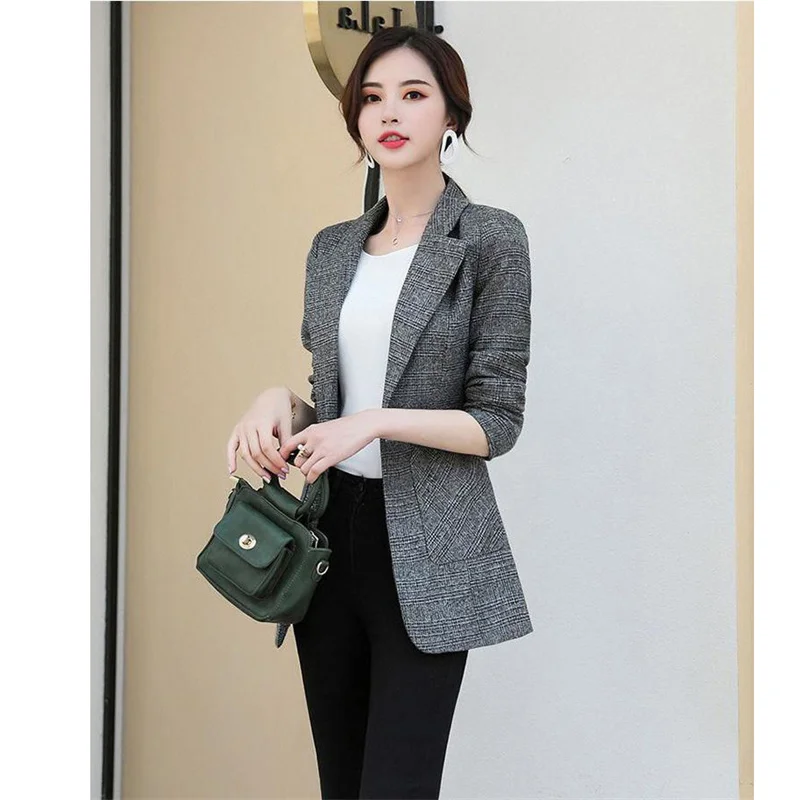 

Women Plus Size Blazer Jacket 2021 Spring Autumn New Gray Coffee Plaid Casual Tops Korean Fashion Office Small Blazer Coat GH434