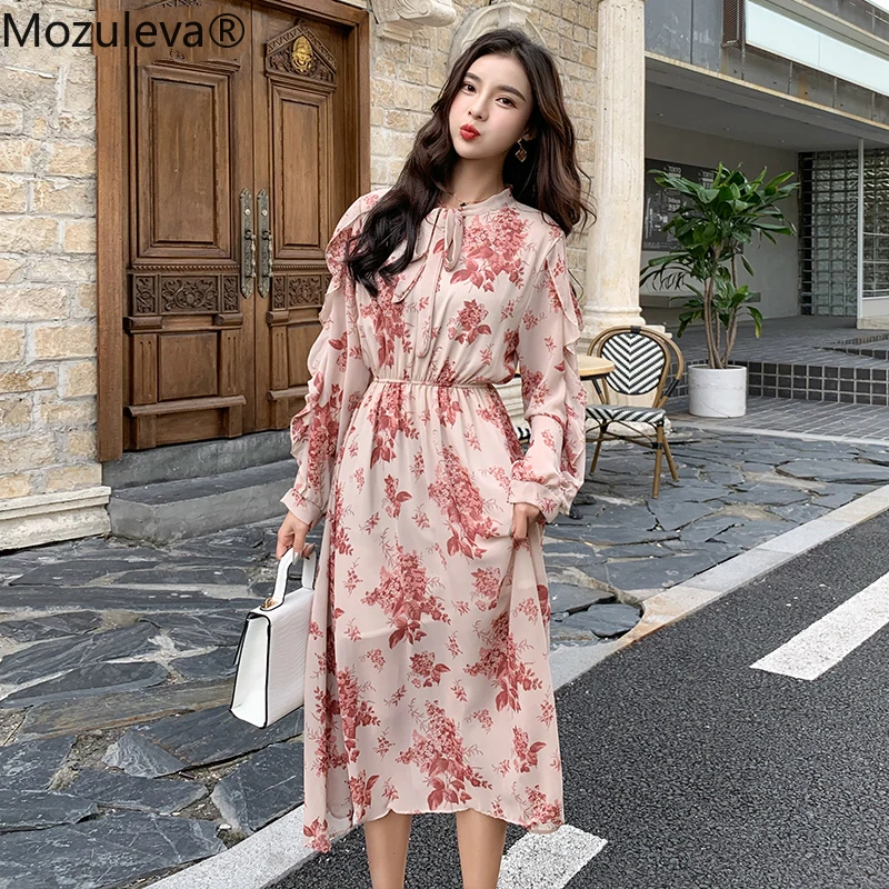 Женское шифоновое платье Mozuleva ТРАПЕЦИЕВИДНОЕ приталенное с бантом на шее