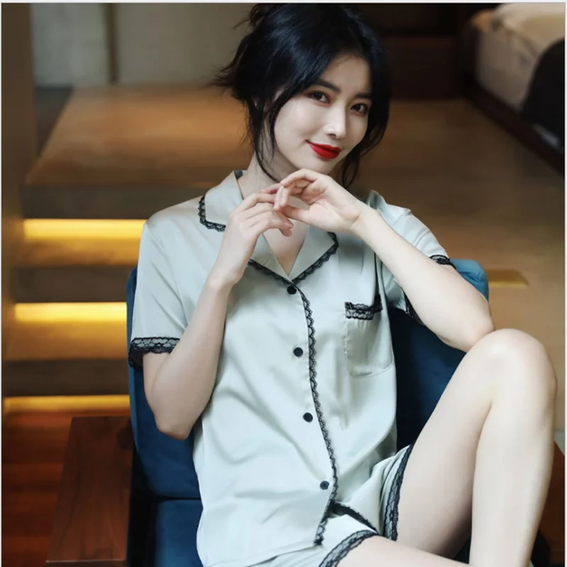 

Sleepwear pajamas women summer short-sleeved thin silk sexy set of ice and snow silk home service underwear sleep tops