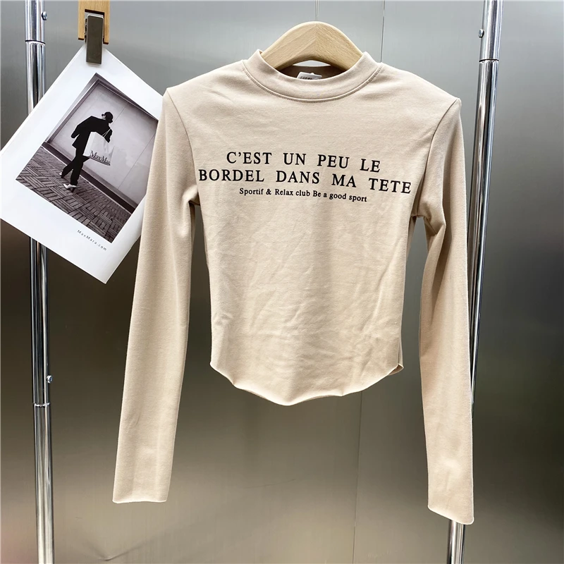 Новинка 2021 футболка с круглым вырезом и длинным рукавом открытым пупком надписью