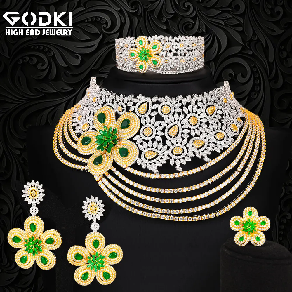 Comprare GODKI Super Grande Lusso 4PCS Fiori Africa Cubic Zirconia Girocolli Set Set Di Gioielli Per Le Donne Di Nozze Dubai Da Sposa Set 2020