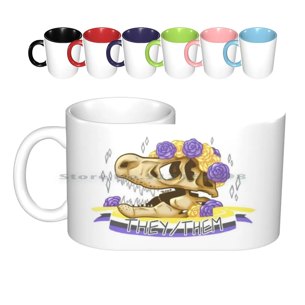 

Керамические кружки в виде динозавра гордости-они/они, кофейные чашки, Кружка для молока и чая, динозавры, тирекс, Череп, цветы