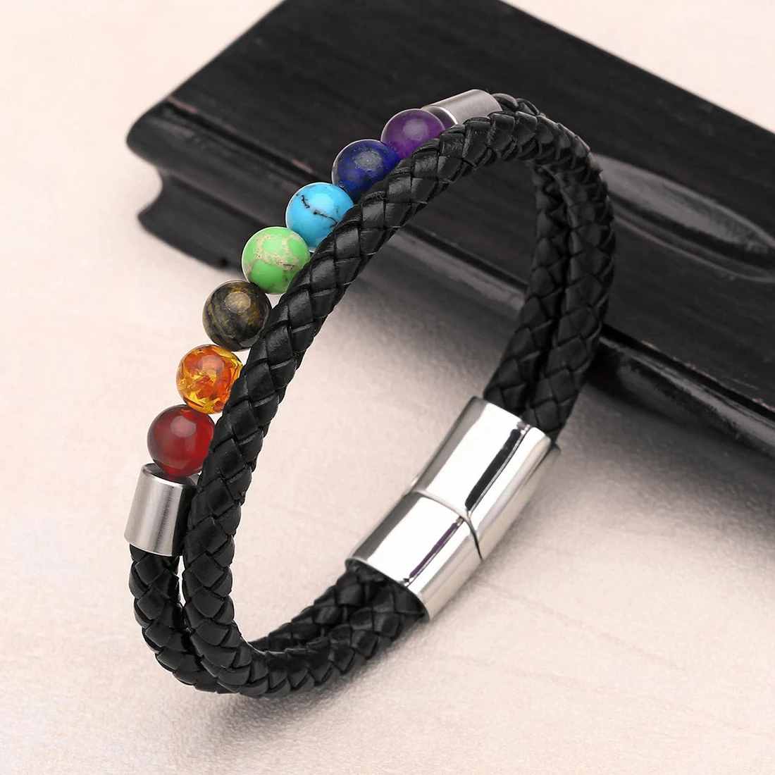 

Genuine Leather Bracelet for Men Women Lava Rock Essential Oil Diffuser Bracelet Natural Stone Beaded Bracelet Steel Cuff Bangle