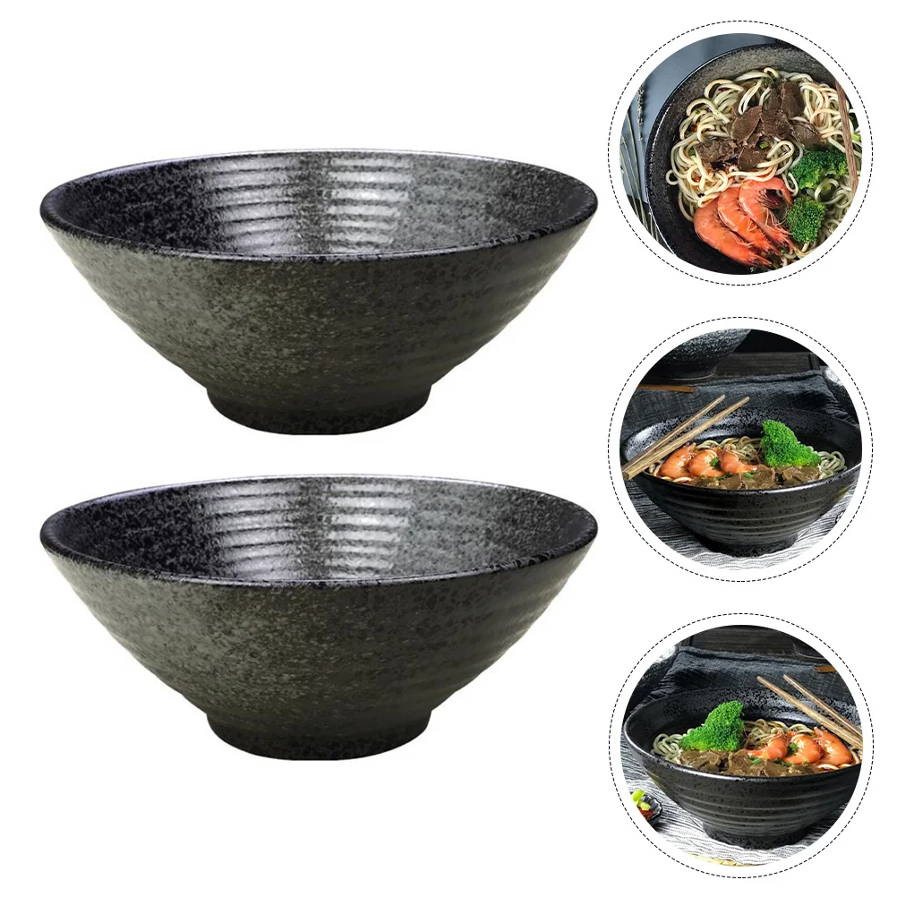 

2Pcs Simple Salad Ceramic Noodle Bowls Fashion Home Soup Bowls Food Containers (Black)