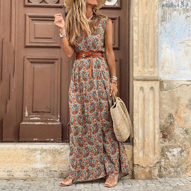 

Women's Bohemian Sleeveless Print Dress V Neck Short Sleeve Paisley Belt Large Hem Beach Long Dress Print Dress Summer Dress