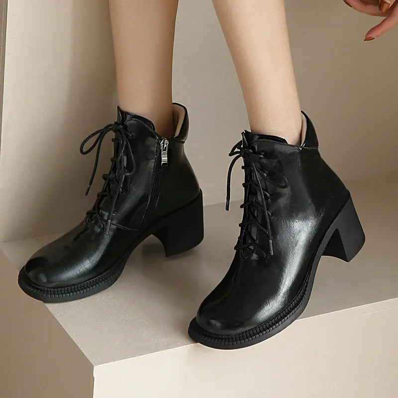 

Motorcycle Boots Autumn Winter Women Ankle Boots 2021 Fashion Leisure Genuine Leather Thick Heels Round Toe Shoes Woman