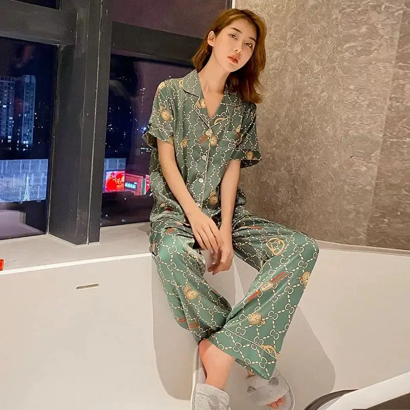 

Pajamas women's spring and summer short sleeve trousers ice silk Korean sexy suit thin spring and autumn oversized fattening hom