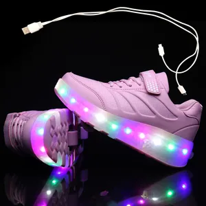 USB Charging Black Two Wheels Luminous Sneakers Led Light Roller Skate Shoes for Children Kids Led S