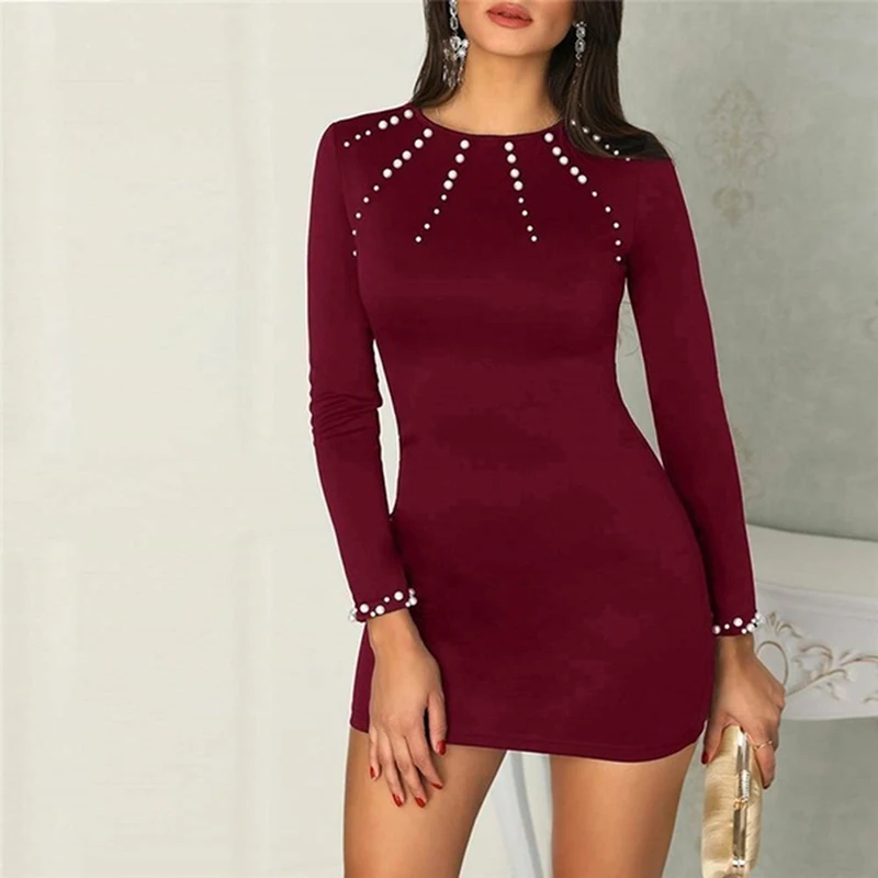 

Spring Autumn Women Long Sleeve O-neck Dress Elegant Solid Slim Mini Dress Black Pearl Beading Party Dress Bodycon Mini Dress
