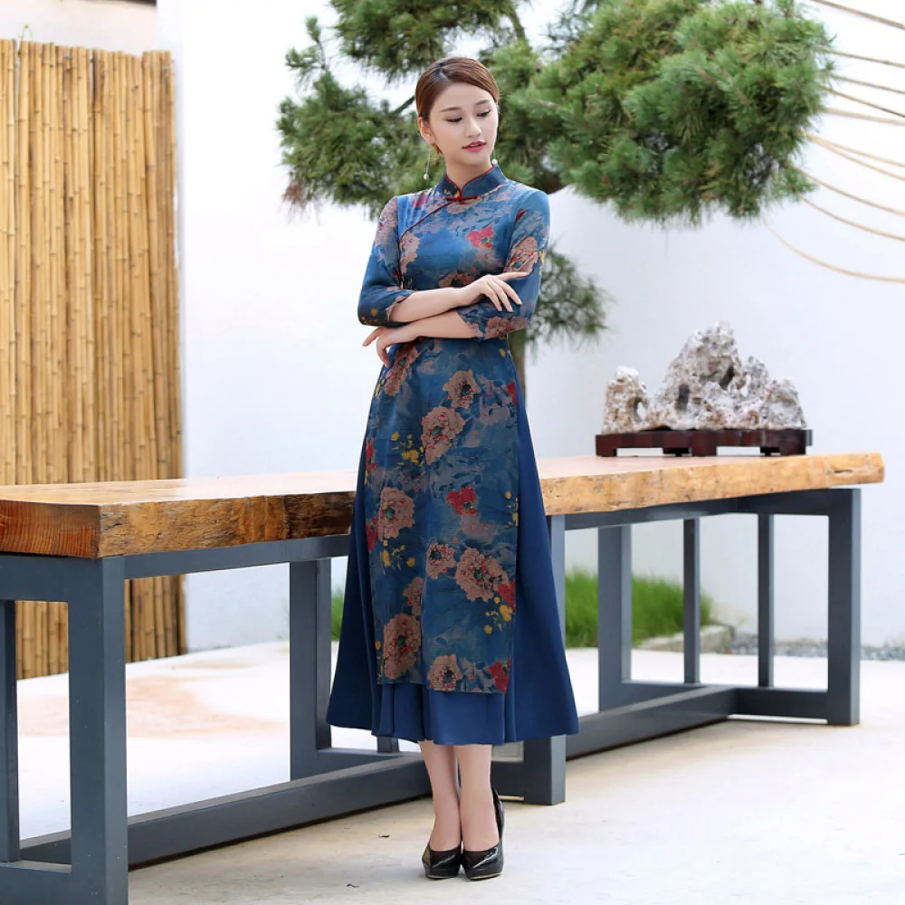 

Women Spring Qipao Elegant Satin Printing Improved Cheongsam Chinese Vintage Stand Collar Plus Size Qipao Dress Vestidos