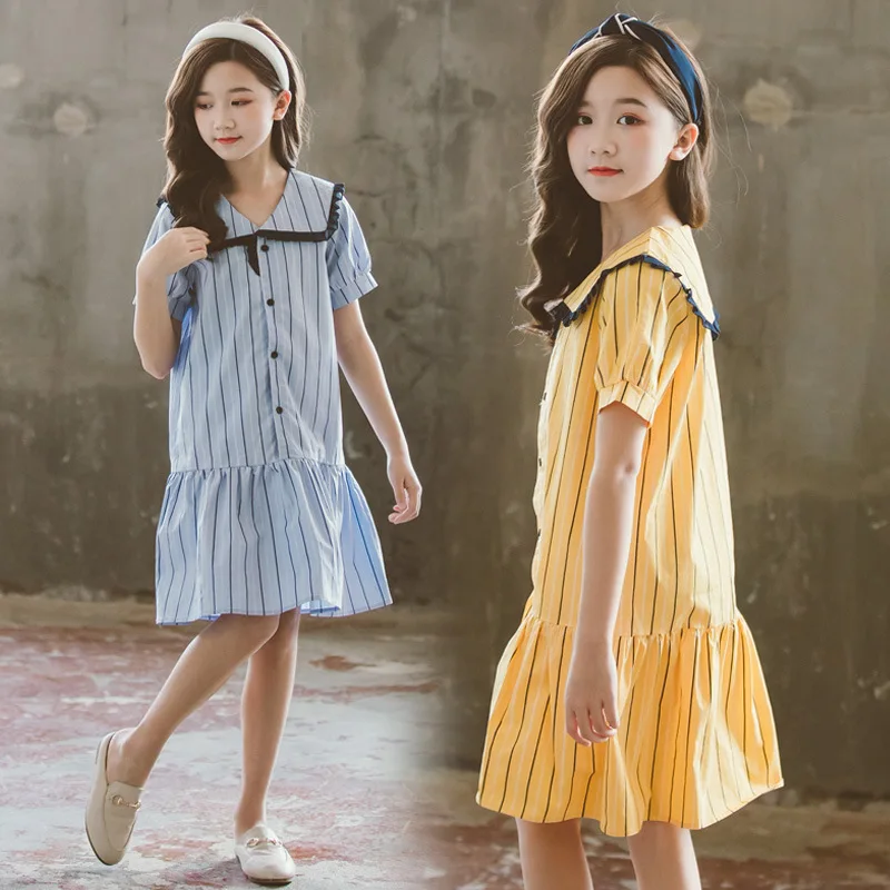 

Kids Summer Clothes 2022 New Teenager Girls Dress Stripe College Wind Dresses Children Sweet Princess Dress Brief Elegant, #8852