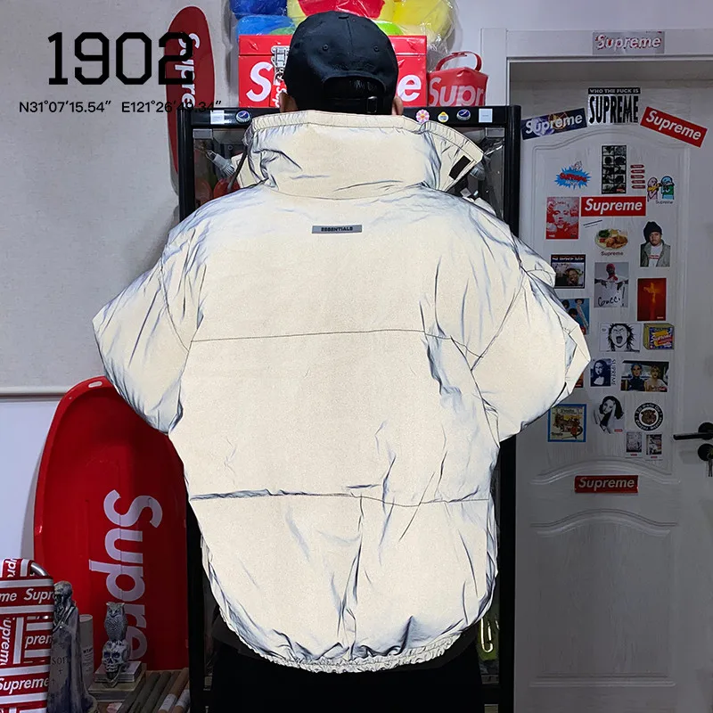 

Laser Reflective colorful Winter FOG Essentials Down Jacket Men Women Zipper Stand Collar Bread Coats Outerwear Male Clothes