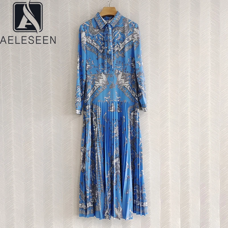 

AELESEEN Runway Designer Women Long Dress Spring Autumn Turn-Down Collar Elegant Flower Printed Vintage Pleated Party Dresses
