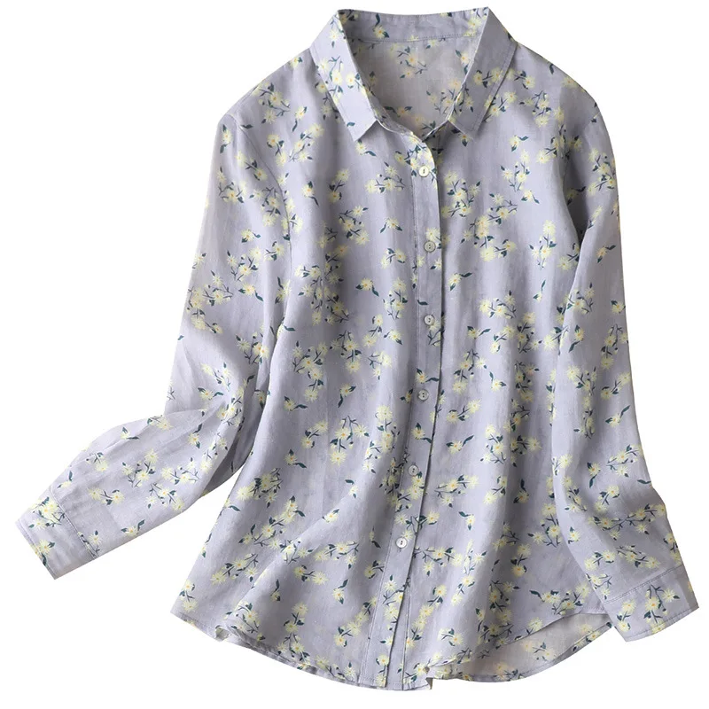 

SHUCHAN Turn-down Collar Button Up Shirt Women-blouses Prairie Chic Print 100% Ramie 2021 New Spring ladies tops
