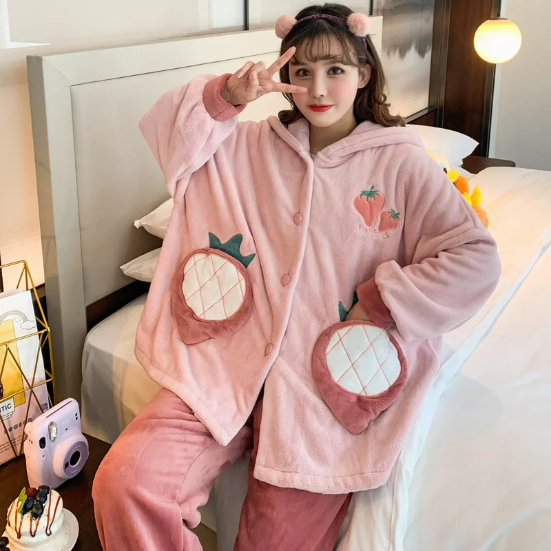 

Women Sleepwear Winter Pajamas Flannel Hooded Nightgown Intensification Loose Version Coral Fleece Nighty Plus Size XXXL