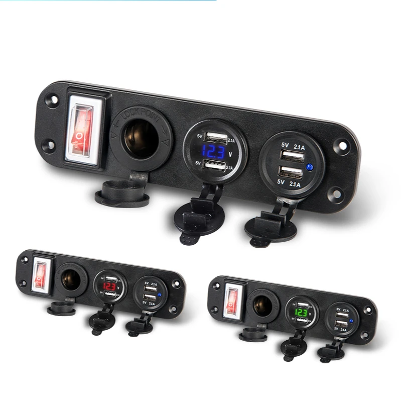 

Автомобильное зарядное устройство с двумя USB-портами, 5 В, 2,1 А + 2,1 А, 12 В, 24 В, светодиодный дисплей, цифровой вольтметр, прикуриватель, электри...